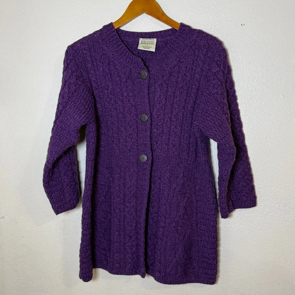 Kilronan Knitwear Women Cardigan‎ S Purple Merino Wool Irish Aran Cable Knit - Picture 2 of 10